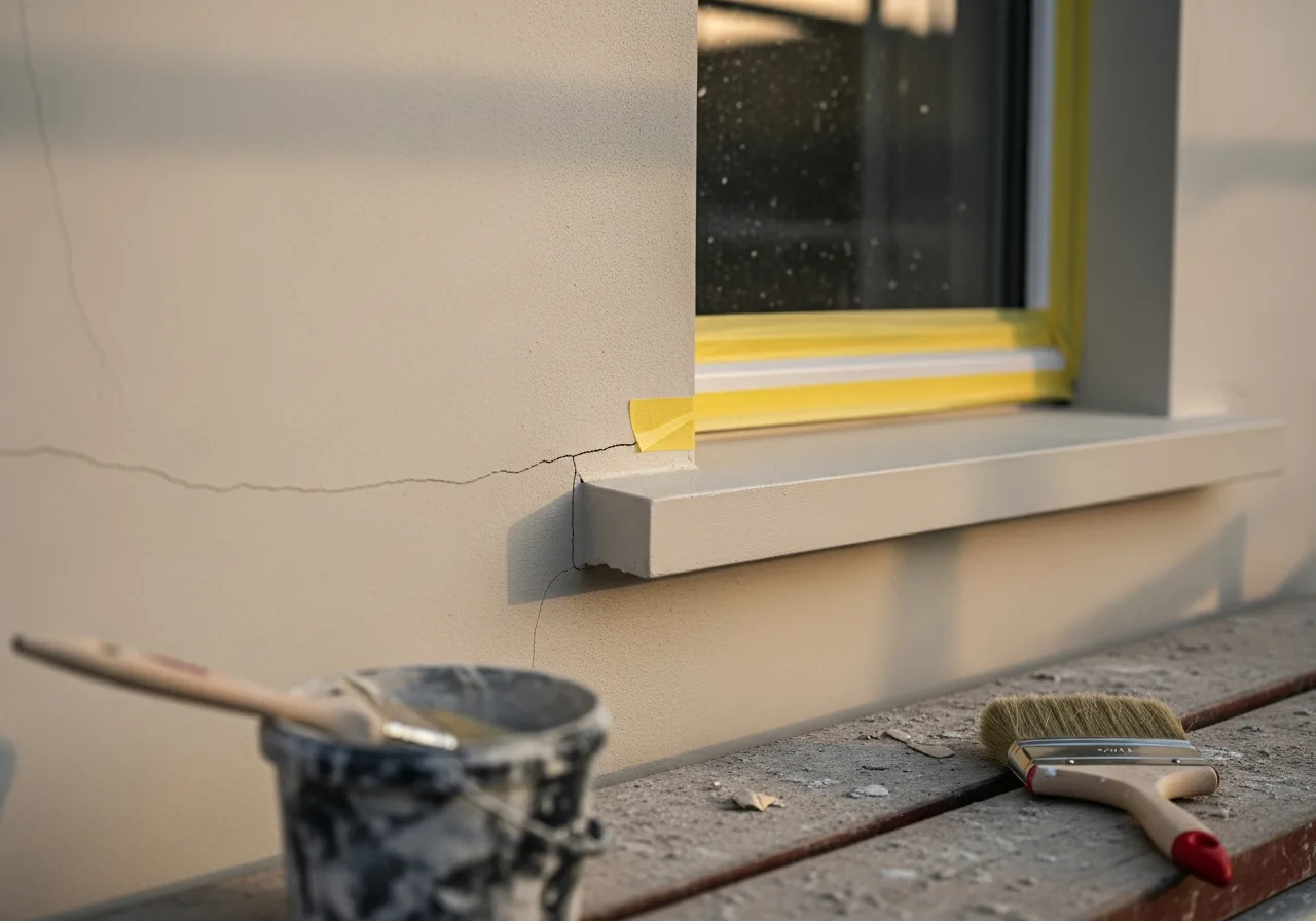 Abgeklebte Fensterlaibung und ein feiner Riss im Fassadenputz, daneben Pinsel und Farbeimer auf dem Gerüstbrett