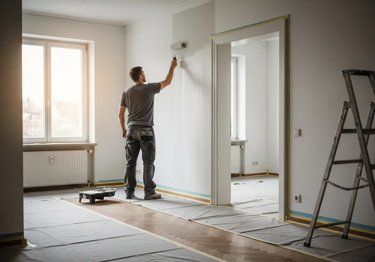 Maler beim Rollen einer frisch gestrichenen Innenwand